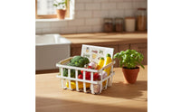 Multi-Purpose Wire Basket with Wood Handles Wrought Iron Construction Metal Pantry Bin Hollow-Carved Design White Organizer Holder for Kitchen, Bathroom