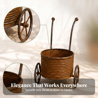 Weathered Finish Metal Wheelbarrow Planter Rust-Brown Wheelbarrow Planter Ribbed Metal Flower Pot Cottagecore Style for Display