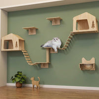 Climbing Shelves with Perch Stairs and Enclosed Nest, Solid Wood Wall Mounted Climbing Shelf for Indoor Cats, Large Fabric Shelves Indoor Set