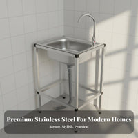 Single Bowl Sink with Stand Reinforced Bracket Freestanding Stainless Steel Sink Rust-Resistant Portable Wash Station for Tenants, Rental Property