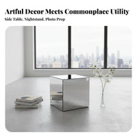 Geometric Design Mirrored Cube Table Multi-Functional Mirrored Pedestal Luxurious Look Display Stand Creates Illusion of Space for Photographers, Interior Designers, Homeowners, Photo Studio, Bedroom, Living Room, Entryway
