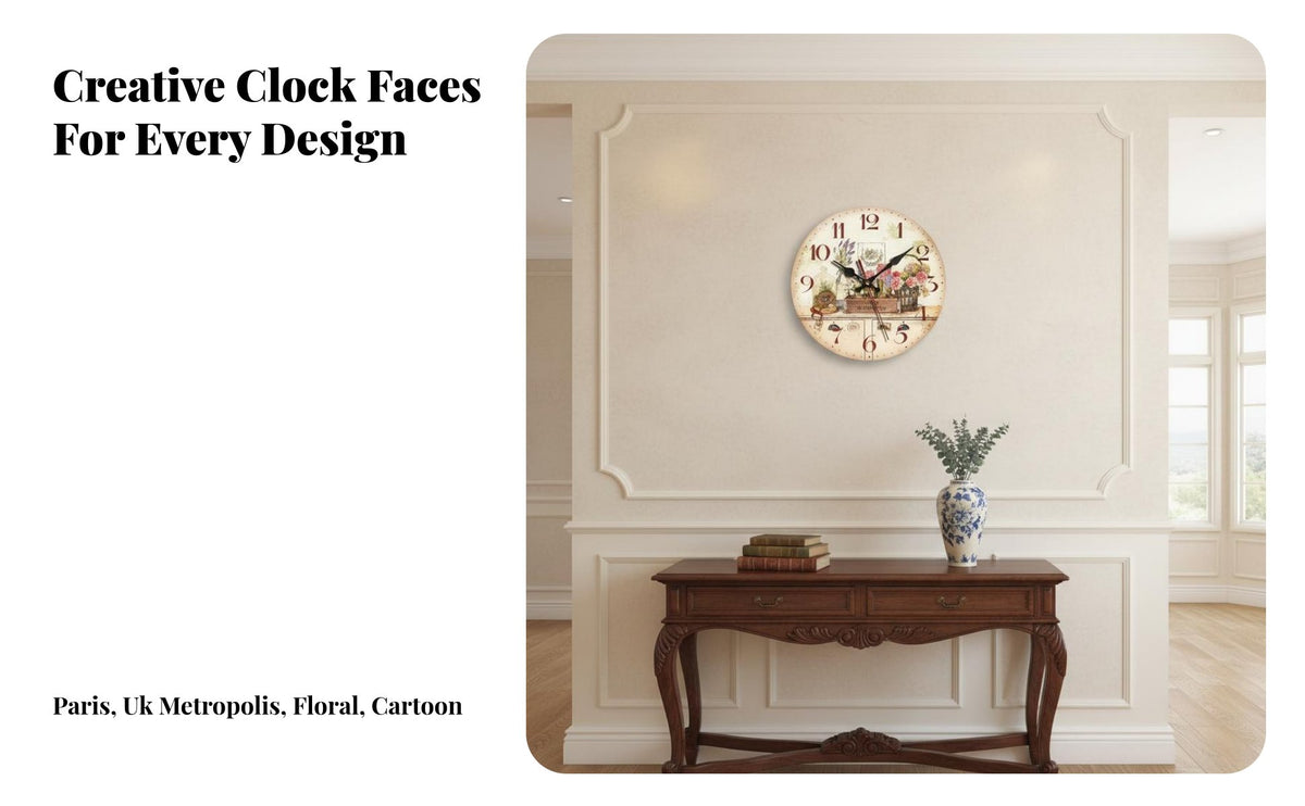 European Theme Wall Clock Non-Ticking Vintage Wooden Wall Clock Home Decor for Living Room, Bedroom, Kitchen