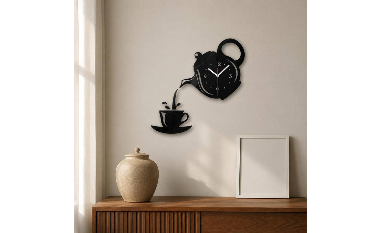 Decorative Acrylic Wall Timepiece Tea Pot and Cup Pattern Home Decor Item