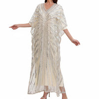 Sequins Beaded Kaftan Glittering Sequins Glitter Mesh Overlay Dress Draping Silhouette Embellished Maxi Dress for Evening Event, Party