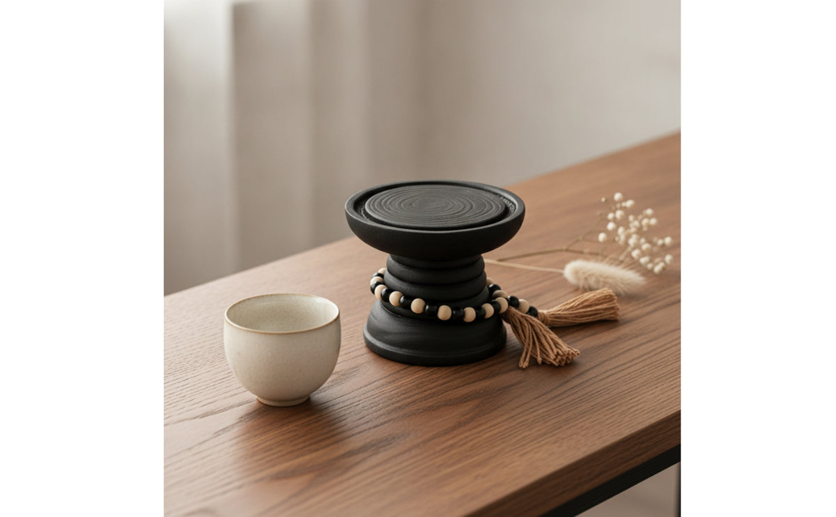 Black Candle Holder with Bead Garland - Carved Pedestal Ribbed Bohemian for Entryway