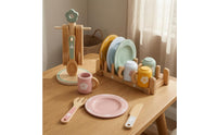 33 Pieces Pastel Accents Wooden Tableware Set Storage Display Pretend Kitchen Accessories Polished Edges Play Plates and Cups Realistic for Children