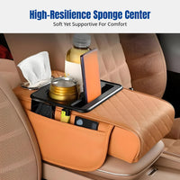 Car Armrest Pad, Universal Multifunctional Leather Pad with Beverage Holder, Storage, Heightening Pad, Tissue Box