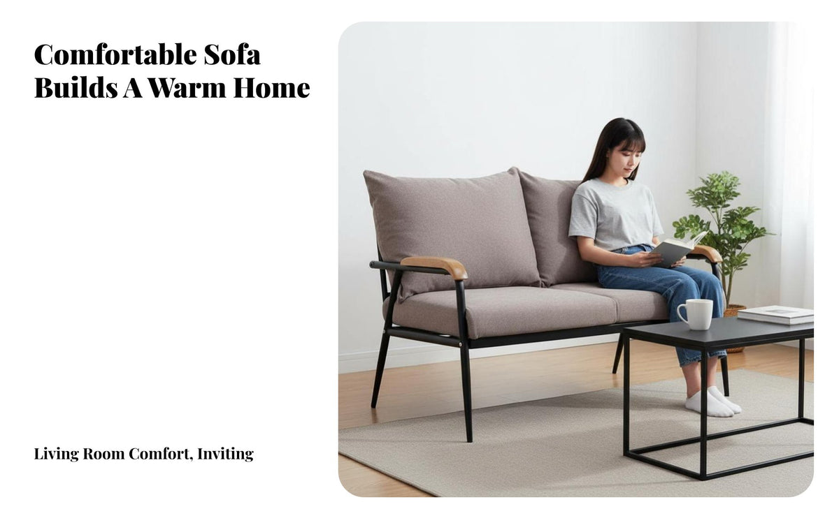 Japanese design Fabric Couch with Wood detailing Minimalist Design Upholstered Settee with Wooden Armrests Comfortable paddinging Sofa Sturdy Construction for Homeowners, Interior Decorators, Bedroom