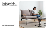 Japanese design Fabric Couch with Wood detailing Minimalist Design Upholstered Settee with Wooden Armrests Comfortable paddinging Sofa Sturdy Construction for Homeowners, Interior Decorators, Bedroom