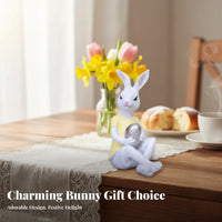 Cute Design Easter Bunny Figurine Vivid Details Bunny Holding Egg Ornament Great Gift Idea Resin Rabbit Statue Rustic Charm for Children