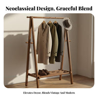 Solid Wood Wooden Clothes Rack Stable Structure Wooden Clothes Rack with Shelves Space Saving Hall Tree with Storage Shelves Large Capacity for Renters, Homeowners, Students, Entryway, Bedroom, Living Room, Apartment
