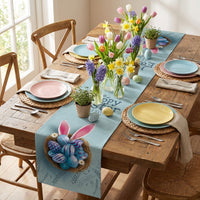 Easter Table Runner Linen Look Material Hare Pattern Table Runner Heat Insulating Holiday Dining Decoration for Families, Event Planners, Kitchen