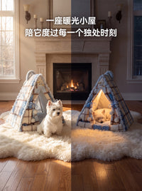Autumn/Winter Plaid Pet Bed for Dogs, Semi-Enclosed, Warm, Washable