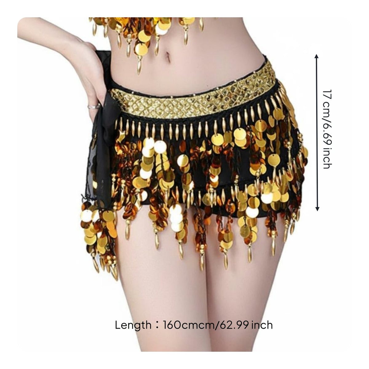 Sequined Belly Dance Hip Scarf Tasseled Tassel Waist Chain Adjustable Tie-up Design Sequin Coin Skirt for Dancers, Beginners, Stage Performance, Parties