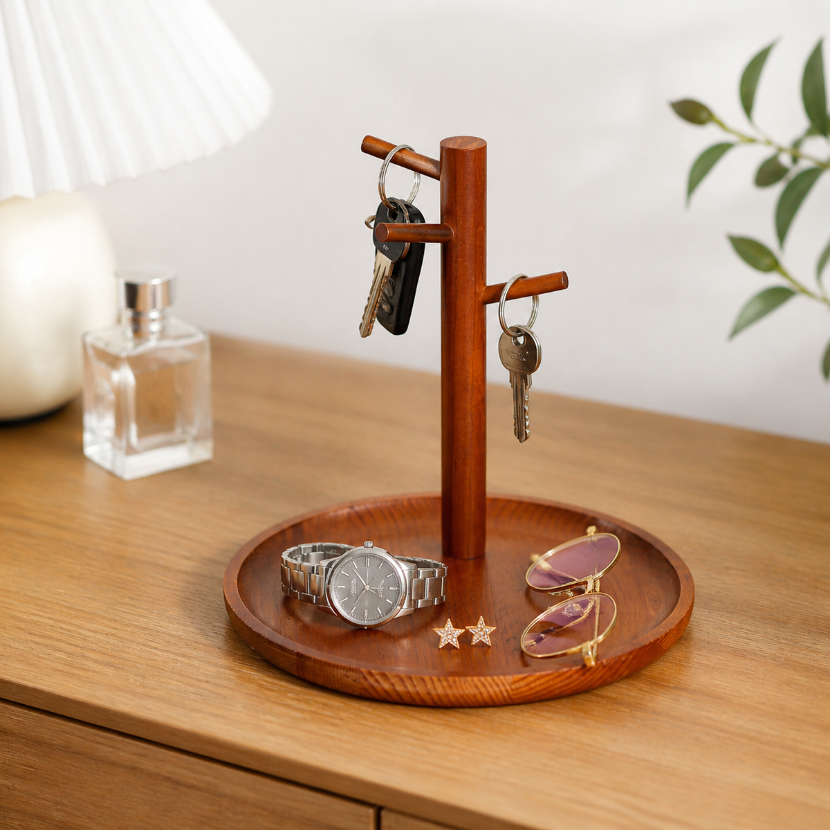 Wooden Key Holder, 20cm Valet Tray with Multiple Hooks, Modern Aesthetic Desk Decor for Small Items, Cosmetics, Jewelry
