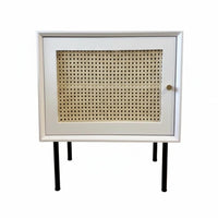 Nordic Aesthetic Rattan Door Nightstand Minimalist Design Rattan Door Cabinet Woven Accent Bedside Table Compact Size for Decor Enthusiasts, Homeowners, Renters, Bedroom, Living Room, Small Areas, Entryway