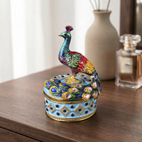 Jewelry Box with Peacock Figurine Lid Enamel-Style Jewelry Box with Peacock Ornate Gold-Tone for Women, Dresser, Vanity