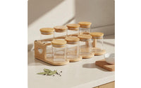 Glass Seasoning Container Set with Rack Airtight Kitchen Seal Counter spices Organizer Clear Design Seasoning Canister Set with Lids