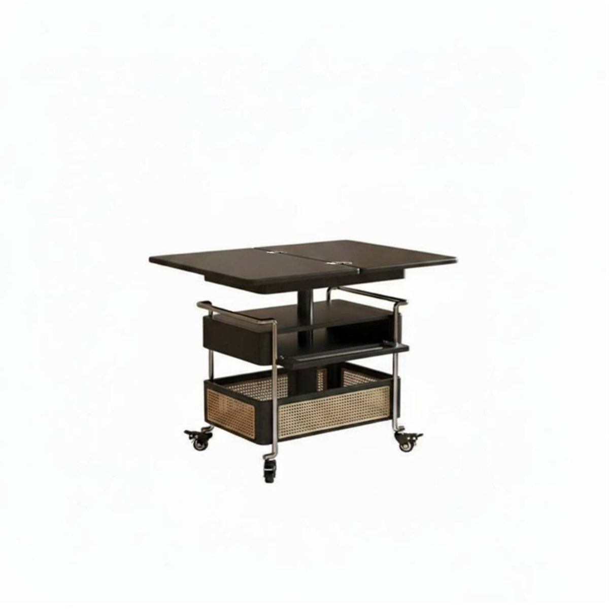 Rattan Accent two-level-level Bar Trolley Foldable Design Side Table Movable Serving Cart Vintage design for Apartment Dwellers, Homeowners, Students, Living Room, Beside Sofa, Bedroom, Kitchen