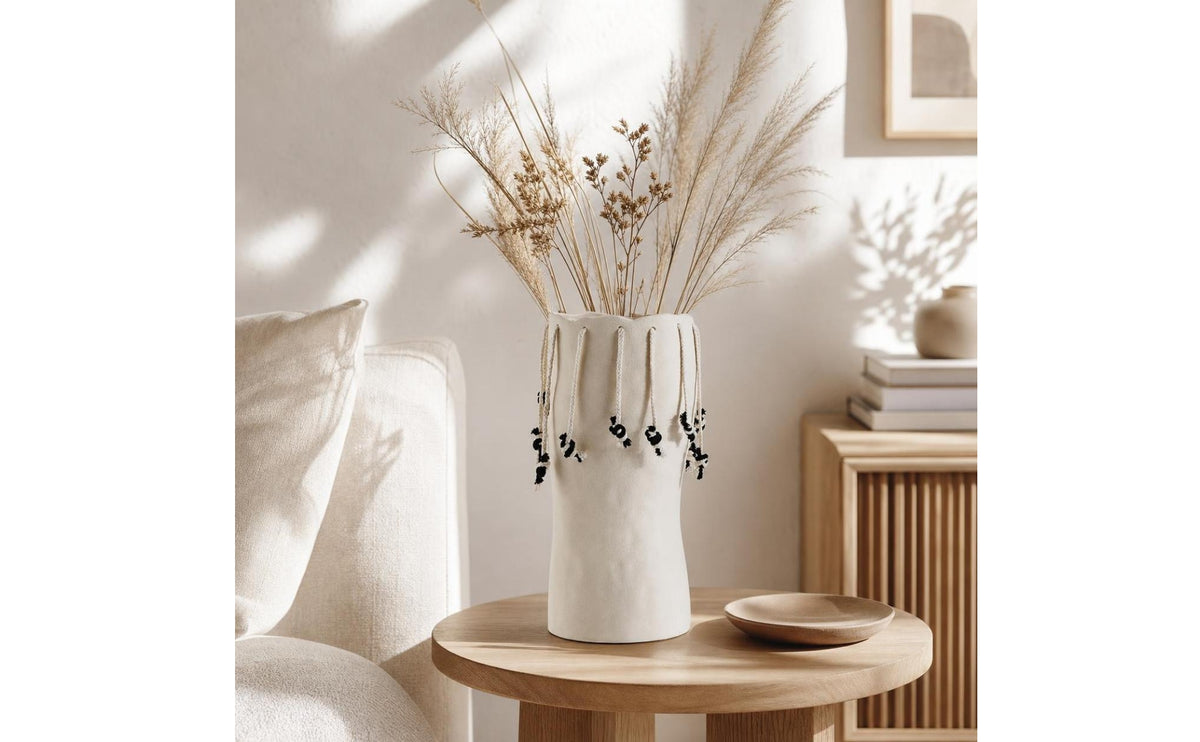 Decorative Vase Wavy rims Vase with Tassels Textured Decorative Vessel for Living Room