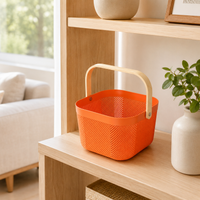 Home Storage Basket Portable Ventilated Pantry Clutter Storage with Wood Handle