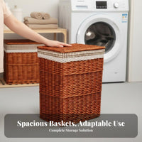 Round Wicker Bin Woven Design Laundry Hamper Multi-Purpose for Parents, Students
