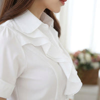 Professional Blouse for Women with Ruffle Pleated Details and Tailored Design, Short Sleeve Work Shirt for Office, Extended Sizes up to 5XL