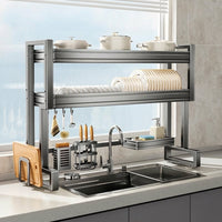 Over Sink Dish Rack, Double Layer Full Set with Utensil Holder, Cutting Board Rack, Knife Rack, Cleaning Basket, Stainless Steel Dish Drainer