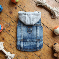 Dog Denim Vest with Leash Hole, Two-Legged Clothing Hooded Jacket, Unisex Jeans Style Small Pet Clothes for Fashionable Puppy Outdoor Wear