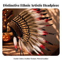 Fan-Shaped Feather Headdress Brown Base Feather Headpiece Crosshatch Lacing Native Style Headdress Spotted Feathers for Stage, Party