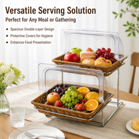 Tiered Display Stand, 2 Layer Imitation Rattan Perfume Organiser with Flip Lid, 32x26x6.5cm Food Display Rack
