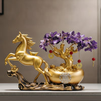 Horse Figurine with Money Tree Feng Shui Horse Statue with Wealth Vessel Good Luck for Homeowners, Collectors, Living Room, Entryway
