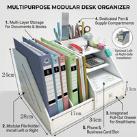 Desktop File Organizer Rack with Storage Box, Stackable Document Holder for Office Workers, Vertical Filing System for Workspace Organization