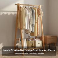 Multi-Functional Self-Standing Standing Garment Rack Multifunctional Self-Standing Standing Clothes Rack with Shelf Space Saving Bamboo Coat Stand Easy Assembly for Apartment Dwellers, Students, Renters, Bedroom, Dorm Room, Dormitory, Entryway