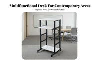 Multifunctional Standing Laptop Desk on Wheels Lockable Casters Rolling Presentation Lectern Sturdy Metal Frame Mobile Projection Device Stand Long-Lasting Construction for Presenters, Teachers, Conference Room, Classroom, Auditorium