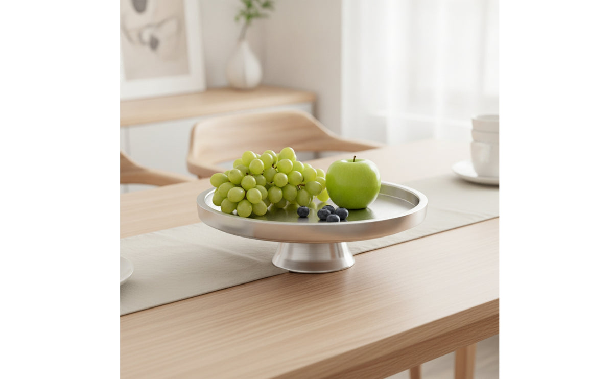 Pedestal Serving Tray Silver Round Pedestal Tray Shallow for Decorators, Parties, Cafes