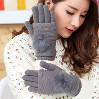 Women's Cashmere Rabbit Fur Ball Touchscreen Mittens, Thickened Warm Winter Gloves