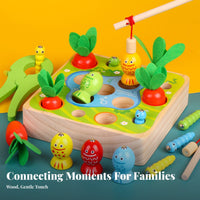 Made from Wood Fishing Carrot Harvest Game Develops Fine Movement Skills Fishing Game Interactive Play 3 in 1 Wooden Activity Toy Hand-Eye Coordination for Toddlers, Preschoolers, Daycare, Playroom