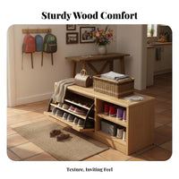 Padded Seat Cushioned Shoe Storage Cabinet doubleUse Design Cushioned Drop-down Door Cabinet Removable and Washable Cover Entryway Bench Space-Saving for Apartment Dwellers, Homeowners, Mudroom, Hallway, Living Room, Bedroom