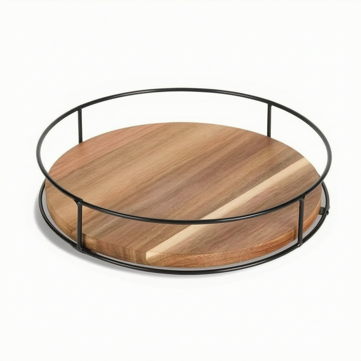 Wooden Acacia Wood Rotating Tray Round Rotating Organizer with Metal Frame Smooth Rotating Tray Turntable Space-Saving for Bathroom