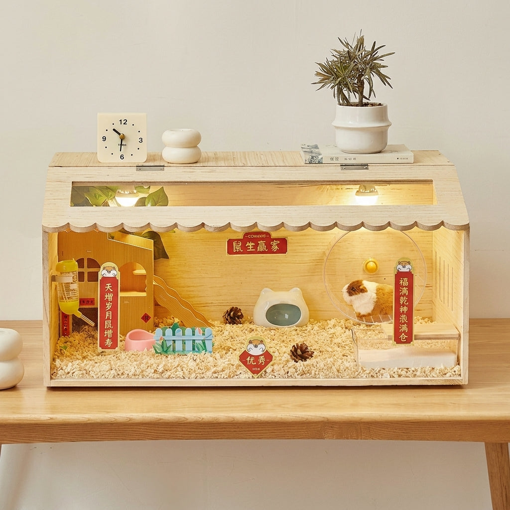 Hamster Cage Wooden Hamster Villa, Luxury Syrian Hamster House, 2-Tier Rectangular Indoor Pet Cage with Top-Opening Access and Exercise Wheel