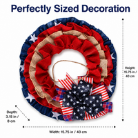 Independence Day Wreath, 40x40cm Fabric Stars Stripes Wreath for 4th of July Door Hanging, Red White Blue Patriotic Home Decor