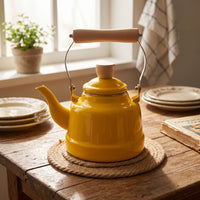 Enamel Tea Kettle Enameled Teapot with Wood Handle Induction-Safe for Kitchen