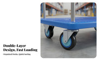 Double Deck Push Cart High Load Capacity Base Trolley with Guardrails Heavy Duty Warehouse Transport Trolley for Factory Workers, Workshop, Garage