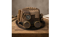Gold and Brown Steampunk Hat Wide Brim Goggles Hat Rounded Crown Costume Headwear Riveted Design