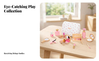 Kids Makeup Bag Set Pink and Tones Wooden Pretend Makeup Kit Smooth Edges Play Cosmetics Kit