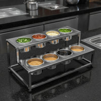 8-Compartment Condiment Organizer Stainless Steel Condiment Rack with Cups Double-Layer Sauce Holder for Restaurants, Buffets, Buffet Lines, Kitchens