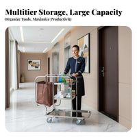 Three-Tier Janitorial Pushtrolley with Side Bag Quiet Casters Housekeeping Trolley Easy Maneuverability Maintenance Trolley for Janitors, Hotels