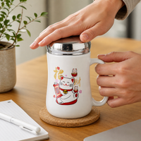 Cartoon Ceramic Mirror Lid Mug with Gift Box, Large Capacity Coffee Tea Cup for Birthday Wedding Gifts