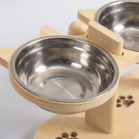 Elevated Wooden Cat Bowl Stand, Adjustable Height Tilted Design, Neck Protection Pet Feeder, Solid Wood Food Dish Holder, Non-Slip Base